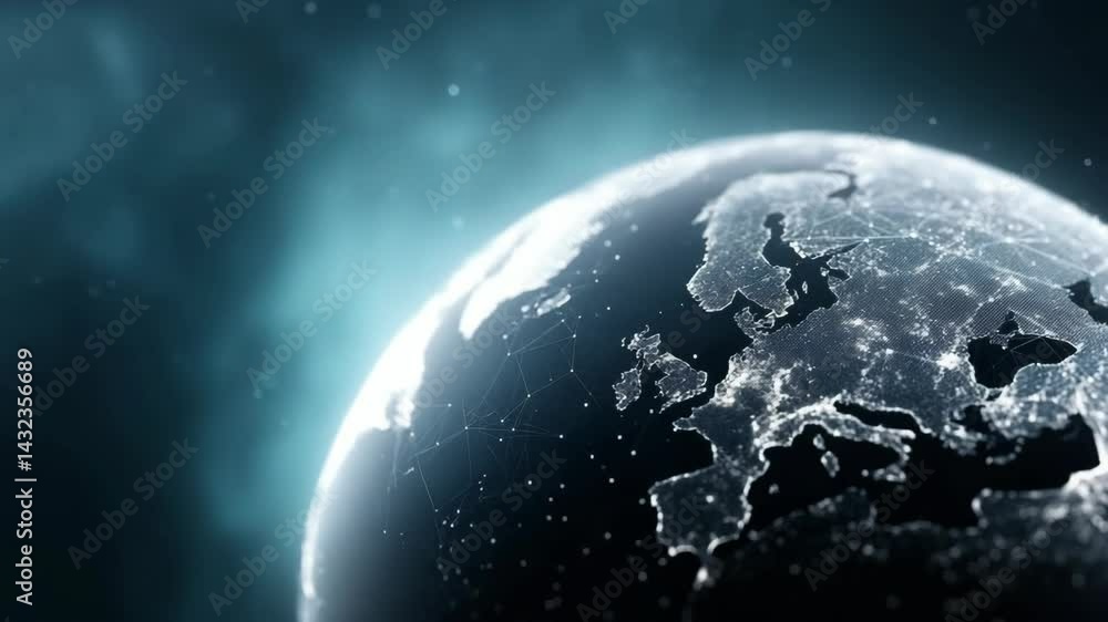 Poster european digital globe animation featuring interconnected network dots and a soft blue gradient back