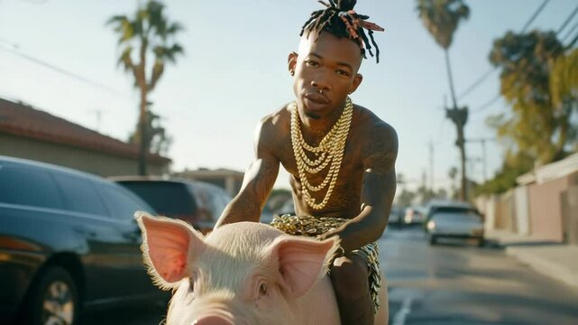 Rapper riding a pig on a street