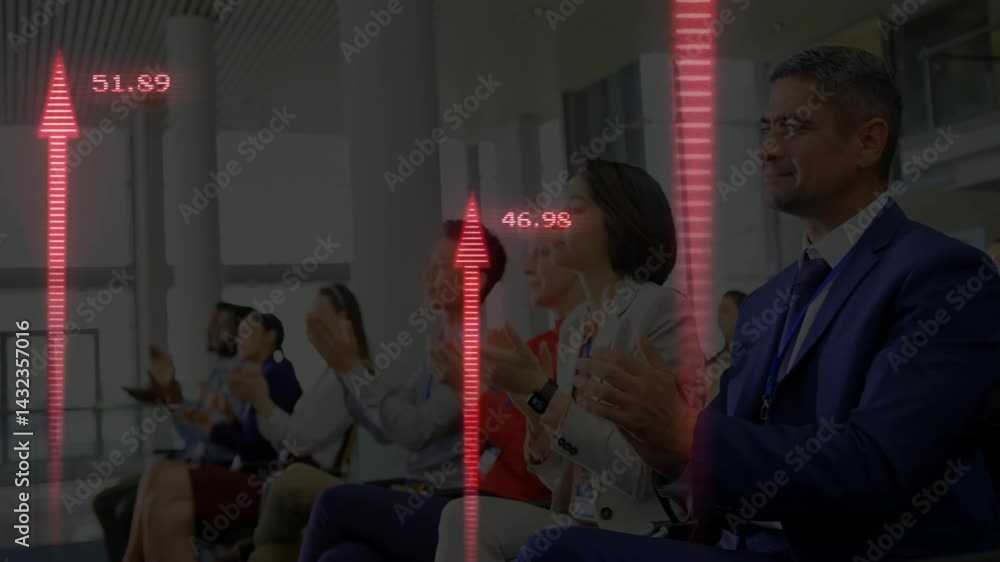 Aufkleber business professionals clapping at conference, showing animated red arrows with numeric growth data