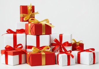 A stack of wrapped presents in red and white with gold and red ribbons on a white background