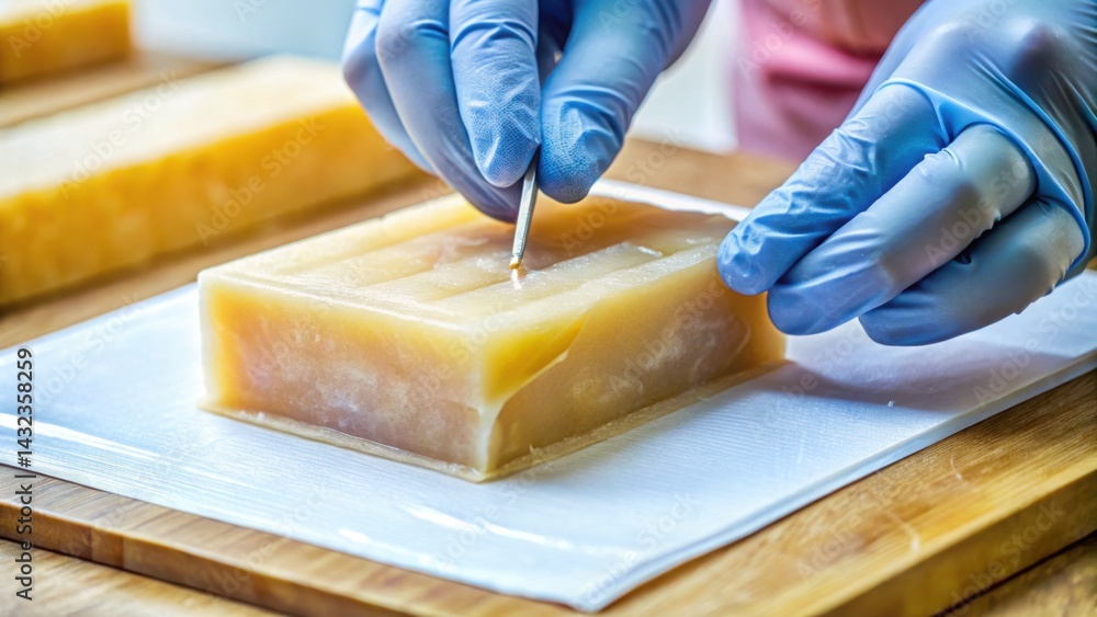 Poster skilled hands embedding tissue section in wax block for analysis
