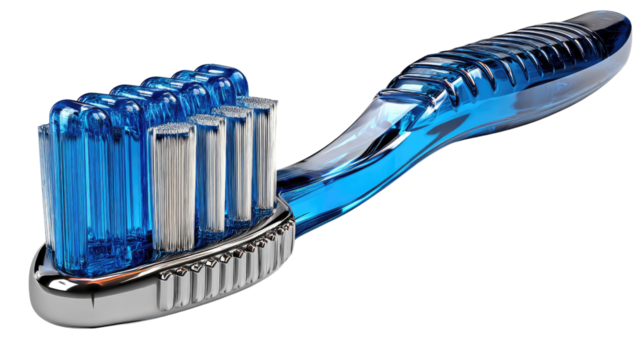 Blue Toothbrush: A close-up view of a modern blue toothbrush, showcasing its ergonomic design and bristles. highlighting oral hygiene.
