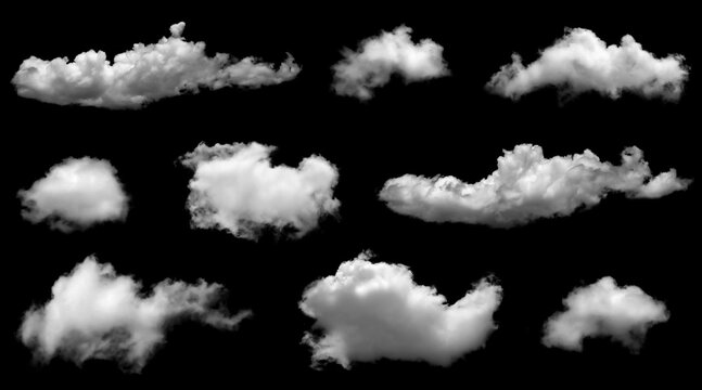 A collection of white fluffy clouds isolated on a black background. Abstract cloud, dark grey storm condensation. Concept effect design smoke fog, smog cloudy cutout. Mist overlay on Sky Summer.