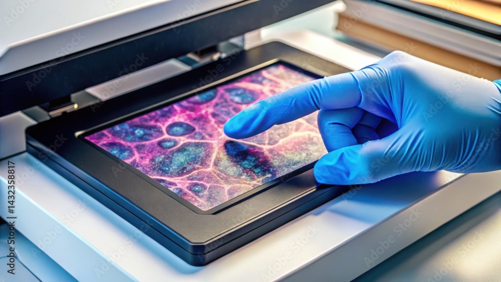Poster hand inserting stained slide into digital scanner for gigapixel capture