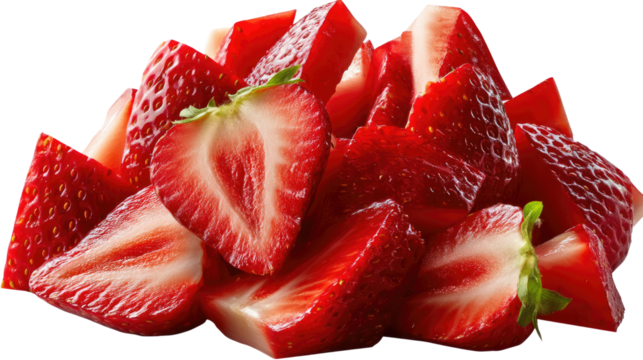 Deliciously Diced Strawberries: A vibrant assortment of freshly diced strawberries, showcasing their juicy red flesh and refreshing appeal, ready to be enjoyed