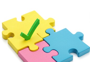 Close up of colorful jigsaw puzzle pieces with a green checkmark on the yellow piece on white background