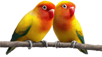 Love Birds: A vivid depiction of a couple of love birds, perched close together, on a branch expressing an enduring bond.