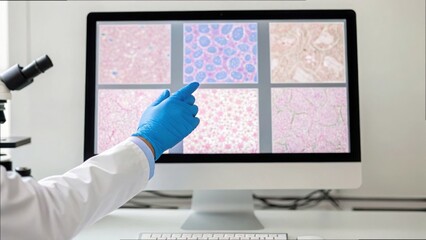 Researcher in Gloves Reviewing Annotated Images on Computer Screen