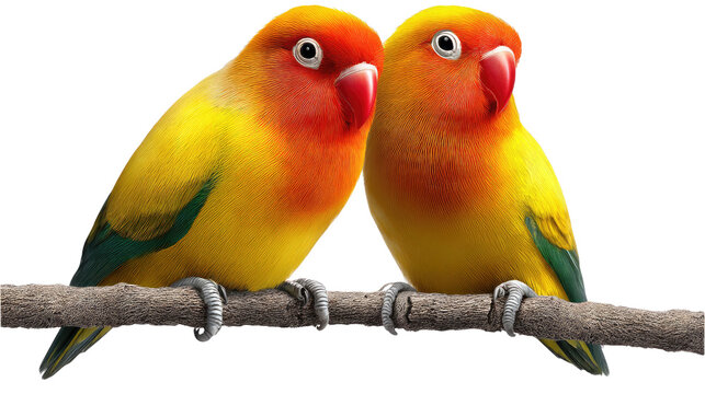 Love Birds: A vivid depiction of a couple of love birds, perched close together, on a branch expressing an enduring bond.
