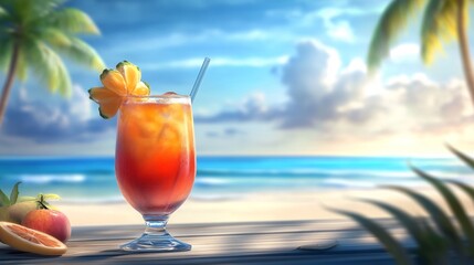 Tropical Sunset Cocktail: Icy Drink on Beach with Palm Trees