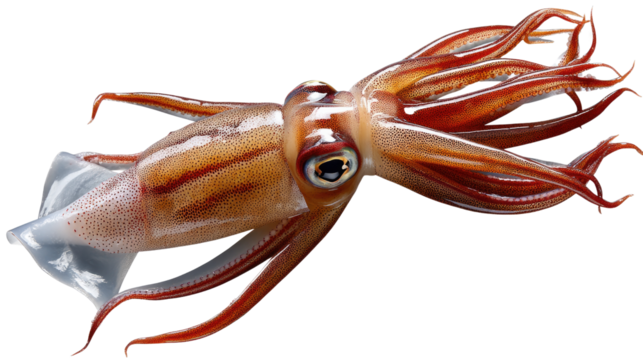 Squid Inception: A captivating image of a squid, its reddish-brown body and large, mesmerizing eye stand out against a stark background, showcasing the intricate detail of this fascinating creature.
