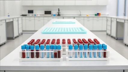 Laboratory Table with Blood Samples in Test Tubes Ready for Analysis