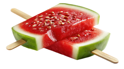 Juicy Watermelon Slices on a Stick: A refreshing close-up of vibrant red and green watermelon slices, skewered on wooden sticks, showcasing the natural sweetness of summer.