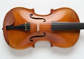 Fototapeta premium Close up view of a violin showing the body strings and bridge on a white background surface flat lay