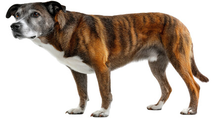 Obraz premium Loyal Companion: A detailed portrait of a stately brindle dog, standing poised and alert, capturing its loyal and protective nature. 