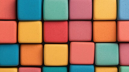 Fototapeta premium A vibrant arrangement of colorful square blocks, showcasing a mix of soft pastel hues in a neatly organized grid pattern.