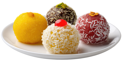 Exquisite Delights: A plate presents a vibrant assortment of five handcrafted, spherical sweets, each a miniature work of culinary art. From golden orbs to ruby-red jewels.