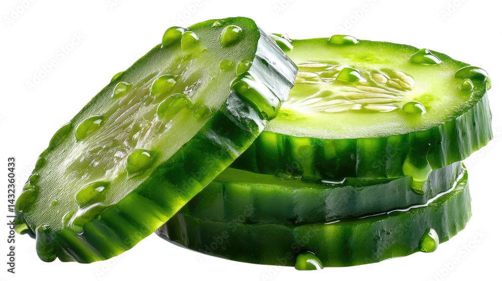 Poster freshly sliced cucumber with droplets: three crisp, green cucumber slices, glistening with droplets,