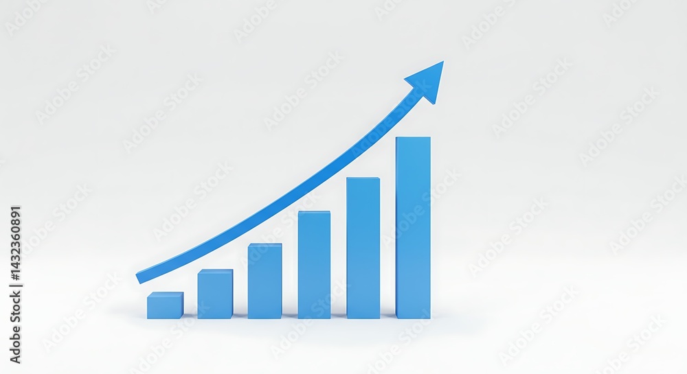 Poster a visually appealing 3d bar graph with an arrow pointing upward to illustrate financial growth.