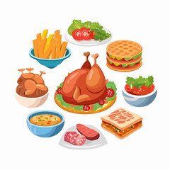 Different food of world set. Diversity ethnic cuisines collection with traditional dish of country to taste, BBQ sausages and salmon, lasagna and roast turkey, steak cartoon vector illustration