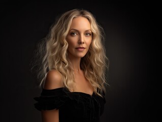 Naklejka premium Attractive woman with wavy blonde hair wearing black dress isolated on solid background in high - resolution beauty portrait, enhanced by professional studio lighting setup.
