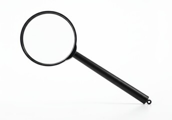 A simple studio shot of a black handled magnifying glass on a plain white background at a slight angle