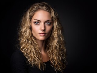 Fototapeta premium Attractive woman with wavy blonde hair wearing black dress isolated on solid background in high - resolution beauty portrait, enhanced by professional studio lighting setup.