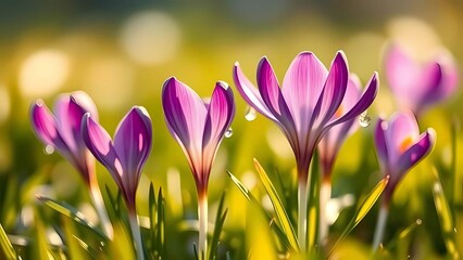 Fototapeta premium Macro Shot of Vibrant Crocus Petals Glowing in Morning Sunlight with Soft Bokeh and Pastel Tones
