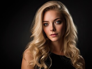 Fototapeta premium Attractive woman with wavy blonde hair wearing black dress isolated on solid background in high - resolution beauty portrait, enhanced by professional studio lighting setup.