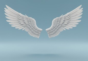 Obraz premium Two white angel wings spread out against a light blue background in a symmetrical composition