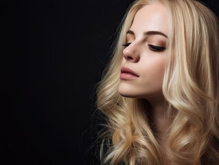Fototapeta premium Attractive woman with wavy blonde hair wearing black dress isolated on solid background in high - resolution beauty portrait, enhanced by professional studio lighting setup.