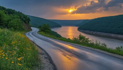Scenic winding road overlooking a river valley at sunset.  A wet asphalt road curves through a landscape of hills and lush greenery, with a calm river reflecting the golden light of the setting sun.