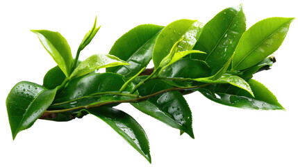 Fototapeta premium Fresh Green Tea Leaves: A close-up shot of a vibrant branch of green tea leaves, showcasing their rich, emerald hue and delicate dew drops, capturing the essence of freshness and tranquility.