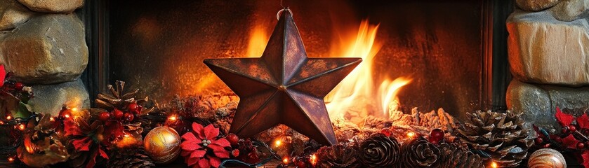 Fototapeta premium A beautifully crafted star ornament sits elegantly on the wooden mantle, surrounded by twinkling fairy lights and seasonal decorations, adding a warm, festive touch to the cozy room.