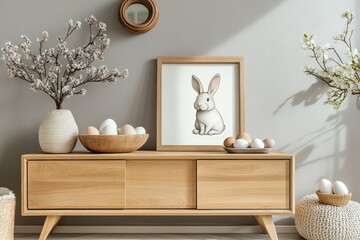 A rabbit is sitting in a picture frame on a wooden table. The table is surrounded by vases and bowls, and there are eggs in a basket. The room has a cozy and welcoming atmosphere
