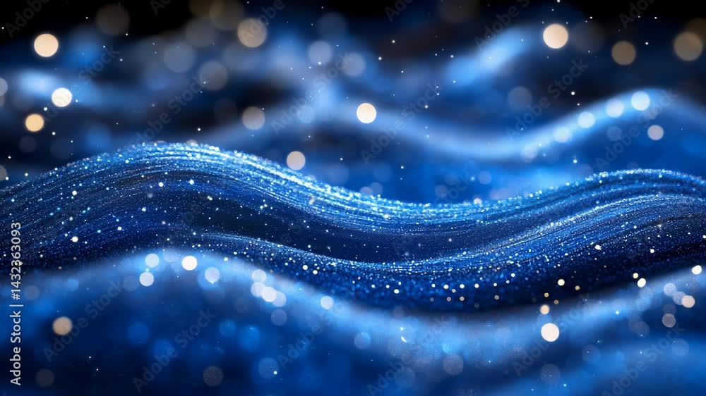 Sticker elegant blue abstract background of shimmering particles forming flowing, wavy shapes with bokeh lig