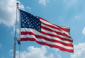 Obraz premium American flag waving in the breeze with vivid colors, blue sky, and sunlit fabric.