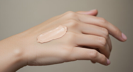Fototapeta premium Close up of a hand showcasing a smooth creamy beige foundation swatch ideal for beauty cosmetics skincare and makeup advertising demonstrating texture and color payoff for promotional materials
