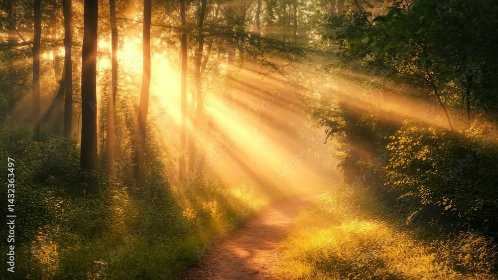Poster sunlight streaming through trees illuminates path winding through lush green forest.