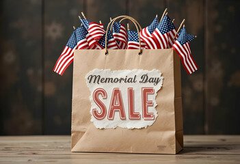 Memorial Day sale banner with American flags, vintage paper sign, and rustic patriotic display.