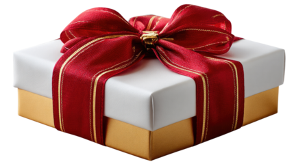Elegant Gift: An elegantly wrapped gift box, adorned with a luxurious red ribbon and gold accents, signifies the joy of giving and the anticipation of a special occasion.