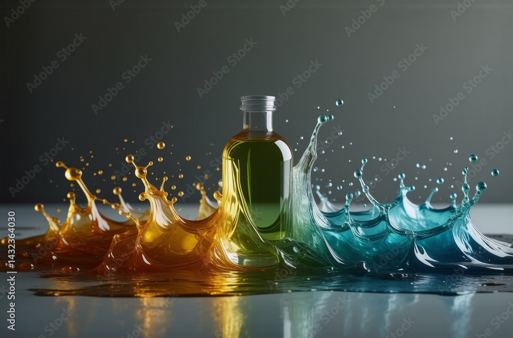 Poster a clear bottle sits amidst vibrant liquid splashes of yellow, orange, and teal, creating a dynamic a
