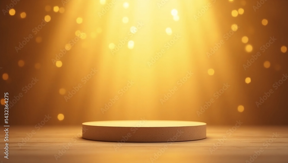 Sticker golden stage with sparkling light and empty podium for product presentation