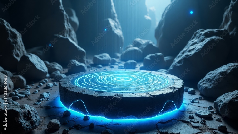 Poster mysterious glowing platform in a cavernous setting illuminated by ethereal lights