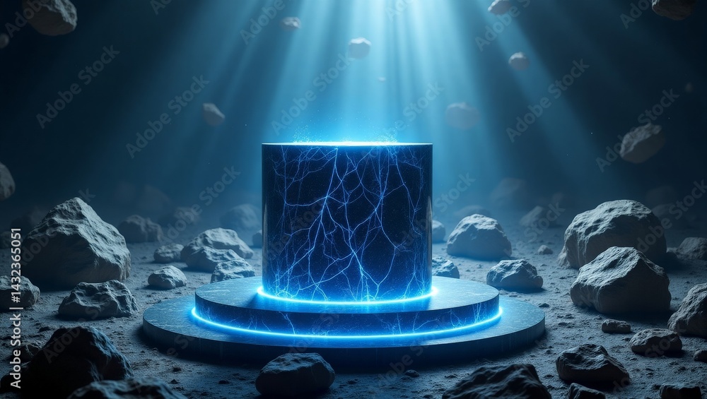 Poster mysterious illuminated structure on a podium in a desolate rocky expanse
