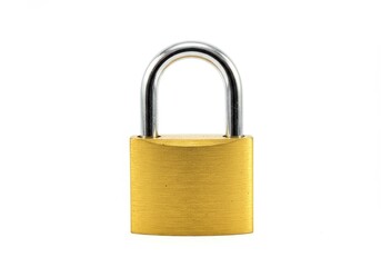 Naklejka premium A close up shot of a gold colored padlock with a silver shackle on a stark white background studio shot