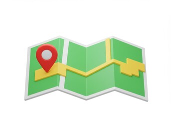 Rendered image of a folded green map with yellow road and a red location pin on a white background