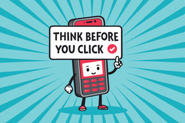 A cute cartoon phone character, with expressive eyes, thoughtfully holding a finger to its screen, saying "Think before you click."