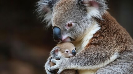 Obraz premium A tender scene of a koala gently cradling its adorable baby in its arms, nestled against its soft, gray fur. The mother’s eyes radiate warmth and affection, surrounded by lush eucalyptus leaves.