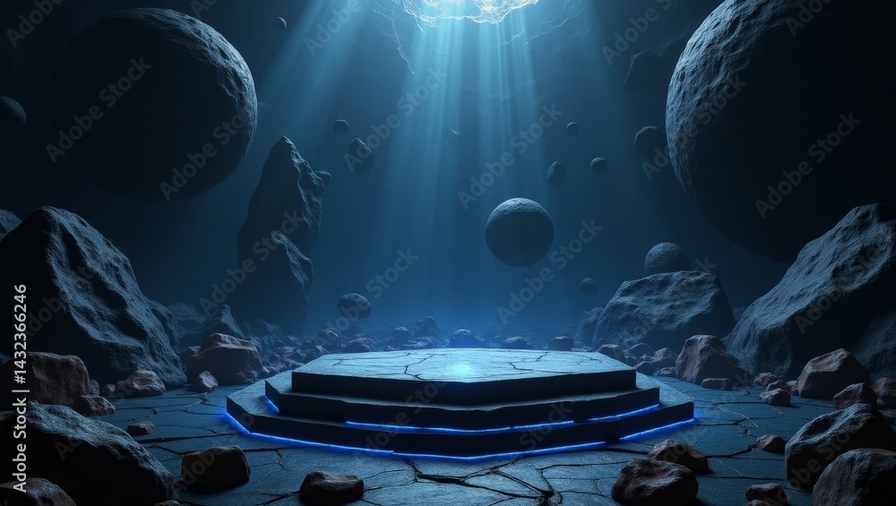 Poster mysterious celestial cavern with a glowing platform and atmospheric light effects
